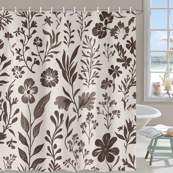 Boho Floral Botanical Shower Curtain, Mid Century Modern Neutral Brown Floral Leaves Bathroom Curtain, Retro Aesthetic Waterproof Polyester Bathroom Decor, 36x72 Inches