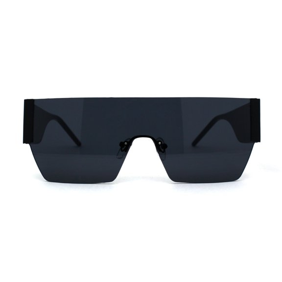 Retro Robotic Flat Top Rimless Shield 80s Squared Sunglasses All Black