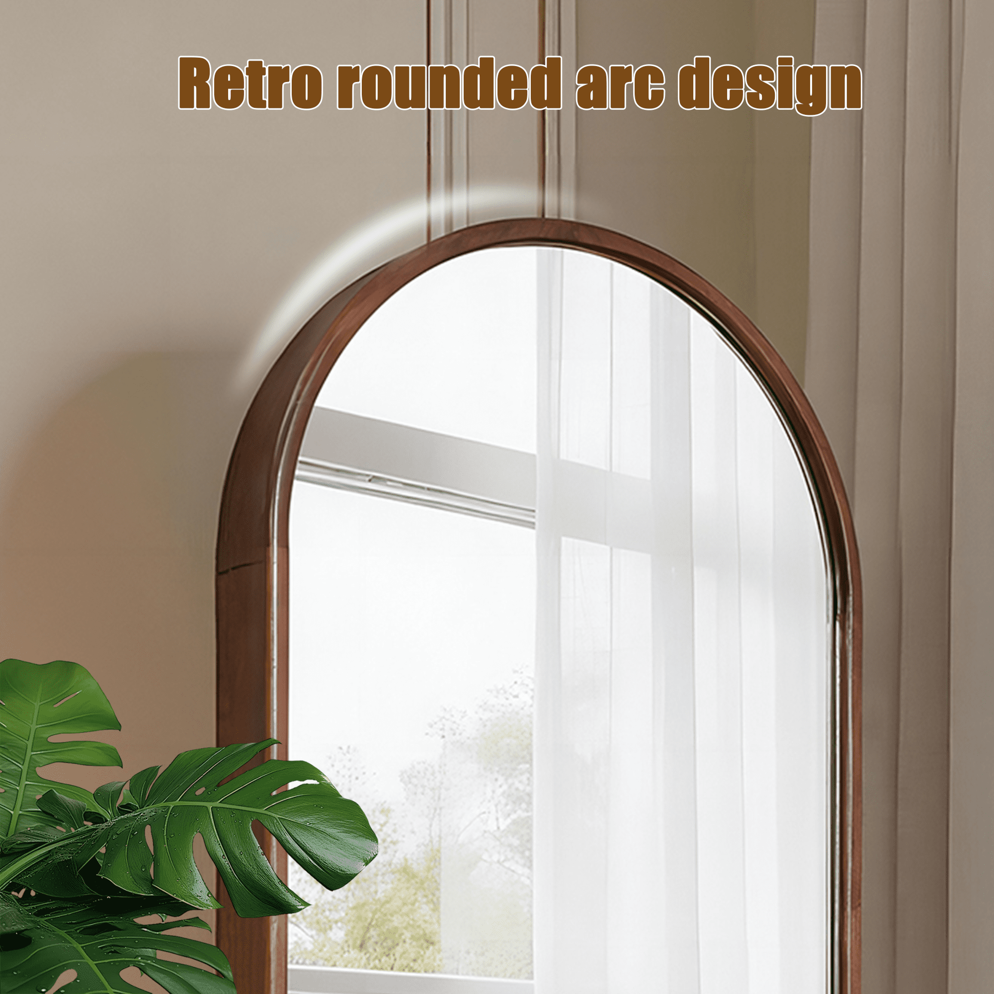 Arched Full Length Mirror with Storage Shelves and Wheels, Freestanding Rolling Floor Mirror and Bookcase for Bedroom Living Room, Walnut