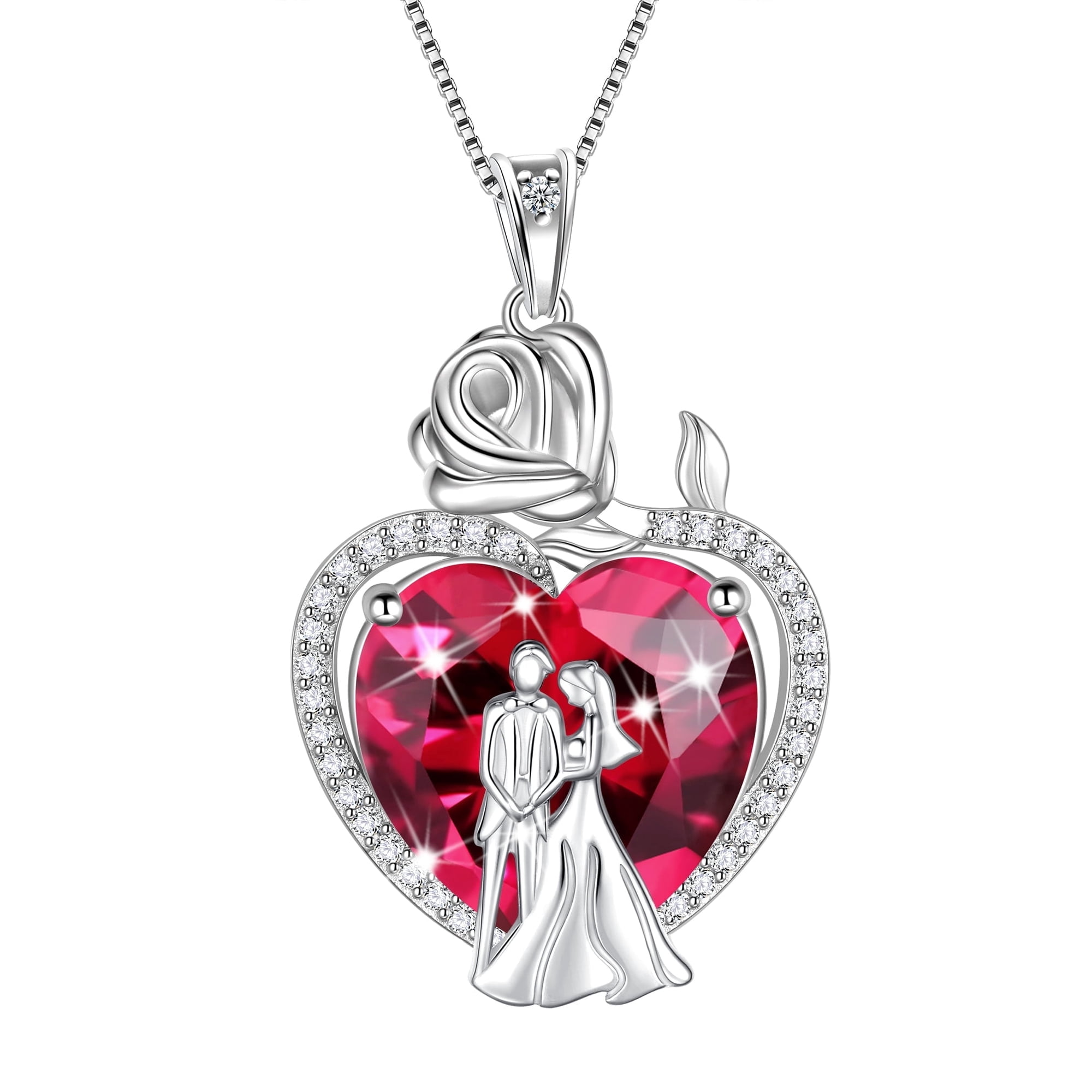 Juwaliy Couple Necklace for Women 925 Sterling Silver 15MM Heart July Birthstone Rose Pendant Wedding Engagement Jewelry Valentines Day Gift for Her Wife/Girlfriend/Bride