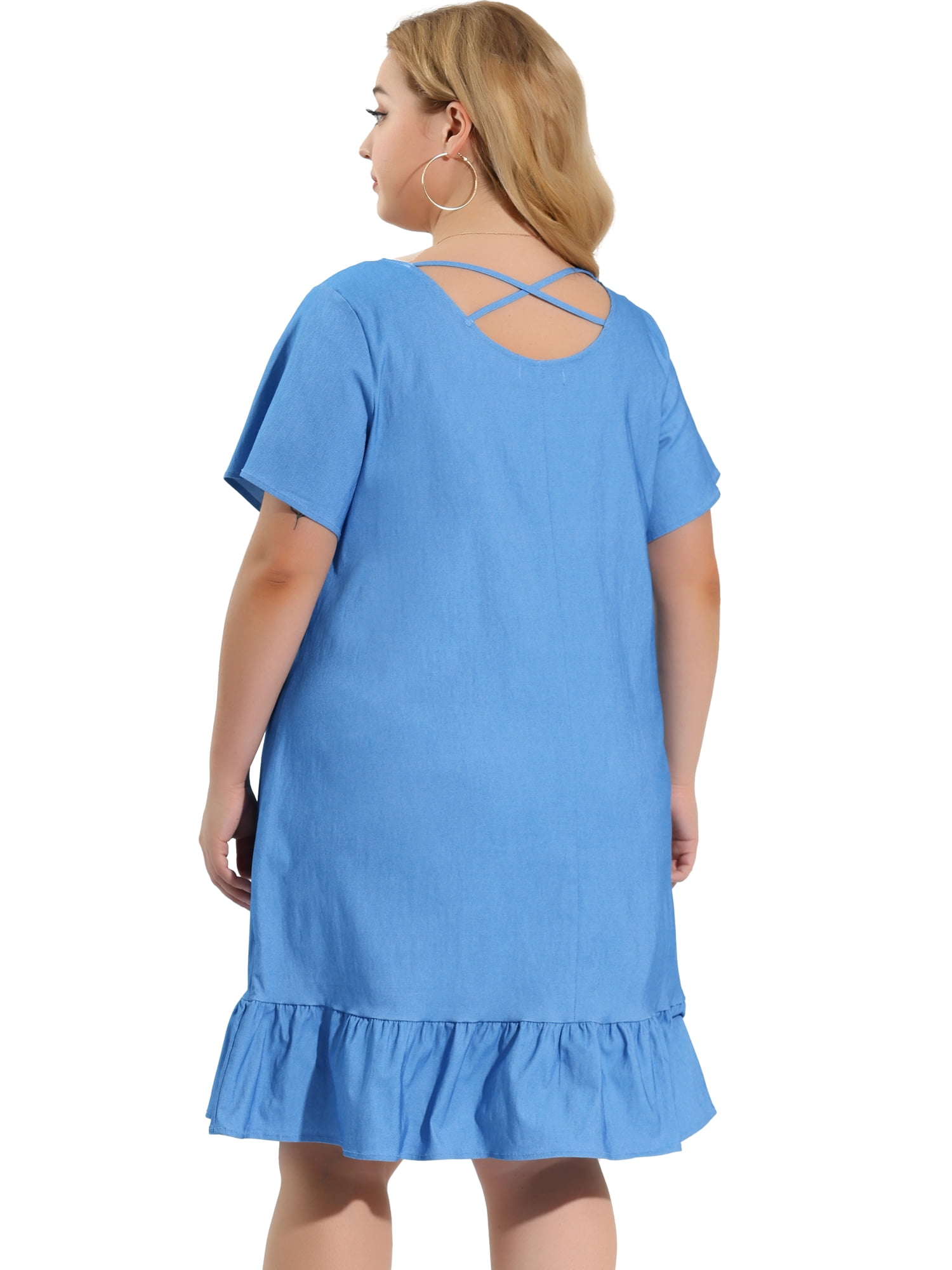 Unique Bargains Women's Plus Size Elegant Short Sleeve Ruffle Hem Denim Dress