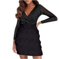 thumbnail image 2 of Njagoc3 Womens Solid Color Sequin Embellished Deep V-Neck Faux Fur Trim Long Sleeve Relaxed Fit Bodycon Short Dress, 2 of 6