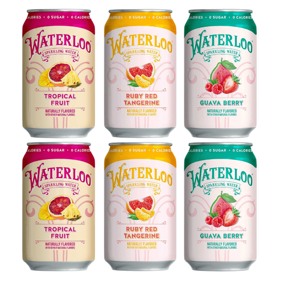 Waterloo Sparkling Water Variety Pack, Tropical Fruit, Guava Berry & Ruby Red Tangerine 12 fl oz Cans, (6 Pack)