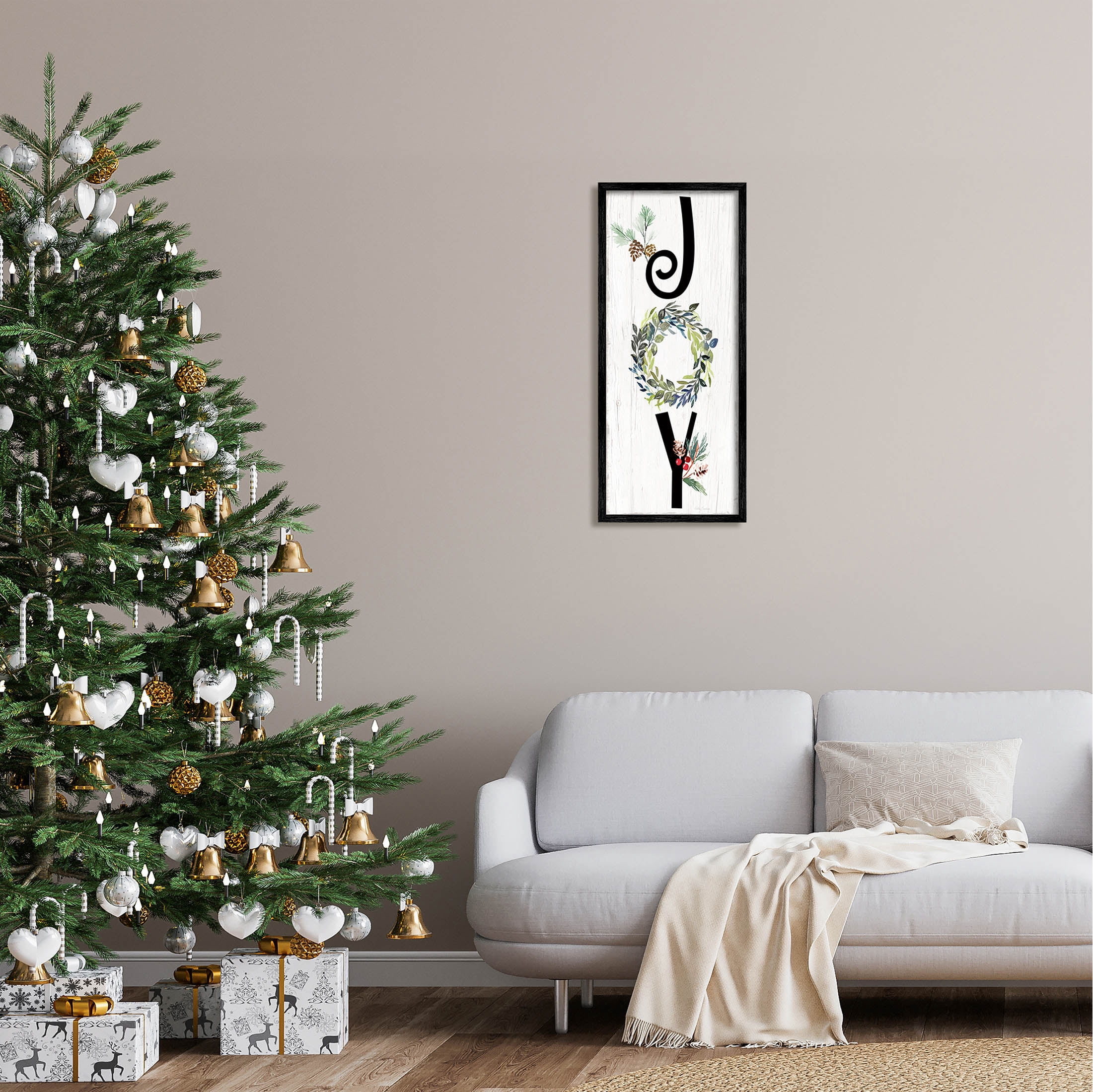 Stupell Industries Joy Seasonal Botanical Wreath Graphic Art Black Framed Art Print Wall Art, Design by Kristen Brockmon