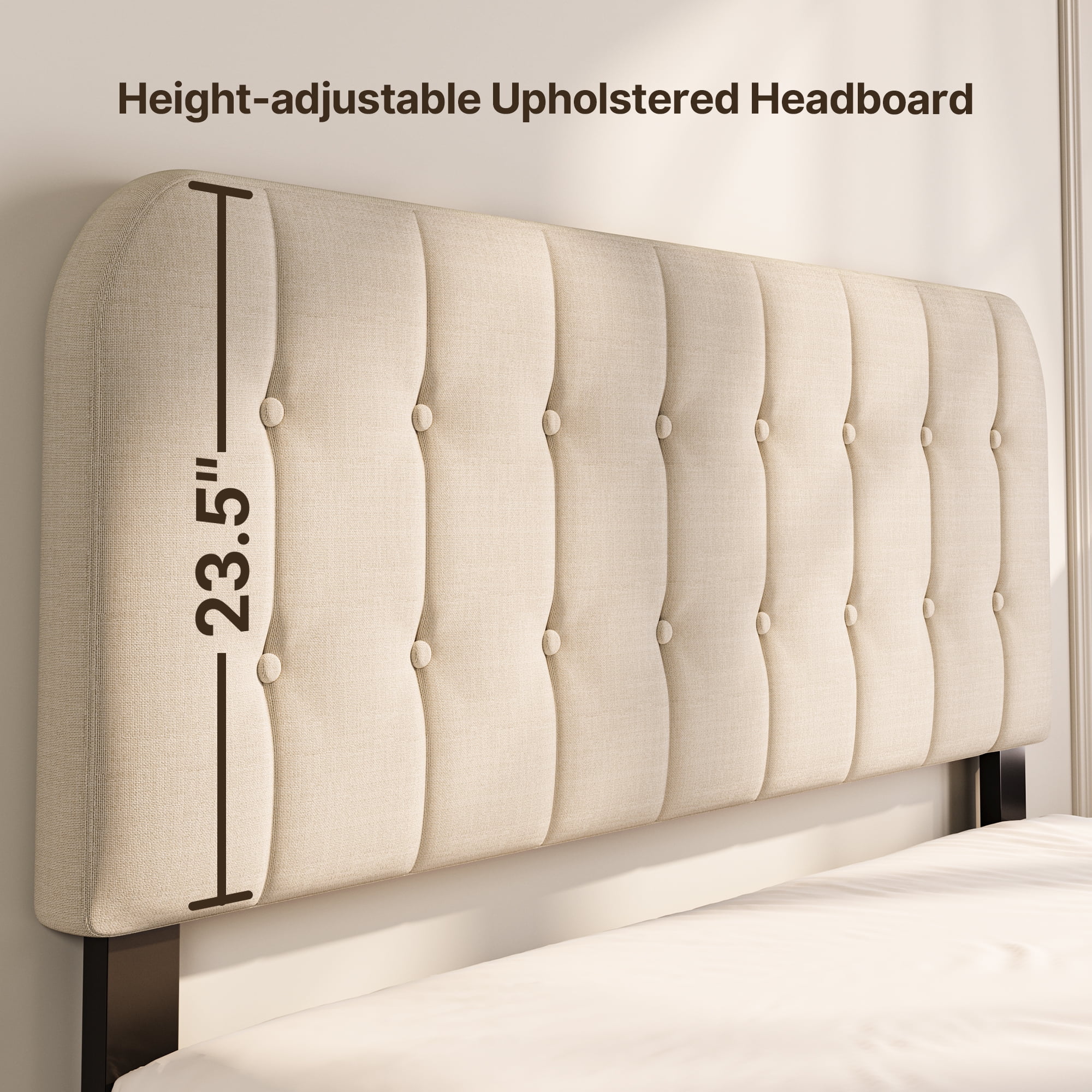 Queen Upholstered Platform Bed Frame with Headboard - Modern Bedroom Furniture with Sturdy Wooden Slats, Quiet & Noise Free, No Box Spring Needed, Beige