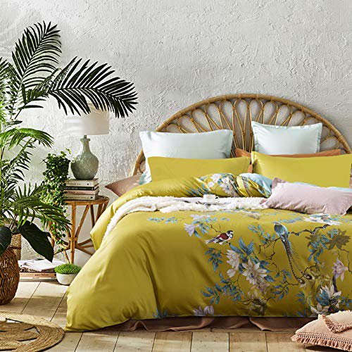 Exotic Modern Floral Print Bedding Birds Flowers Dusty Grey Design 100% Cotton Duvet Cover 3pc Set Hibiscus Blossom Branches in Muted Gray Blue (Queen, Citronelle Green)