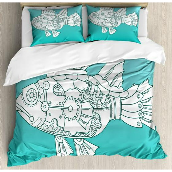 Steampunk King Size Duvet Cover Set Doodle Mechanical Fish Steampunk King Size Duvet Cover Set Doodle Mechanical Fish Silhouette In The Sea Hand Drawn Image Decorative 3 Piece Bedding With 2 Pillow Shams