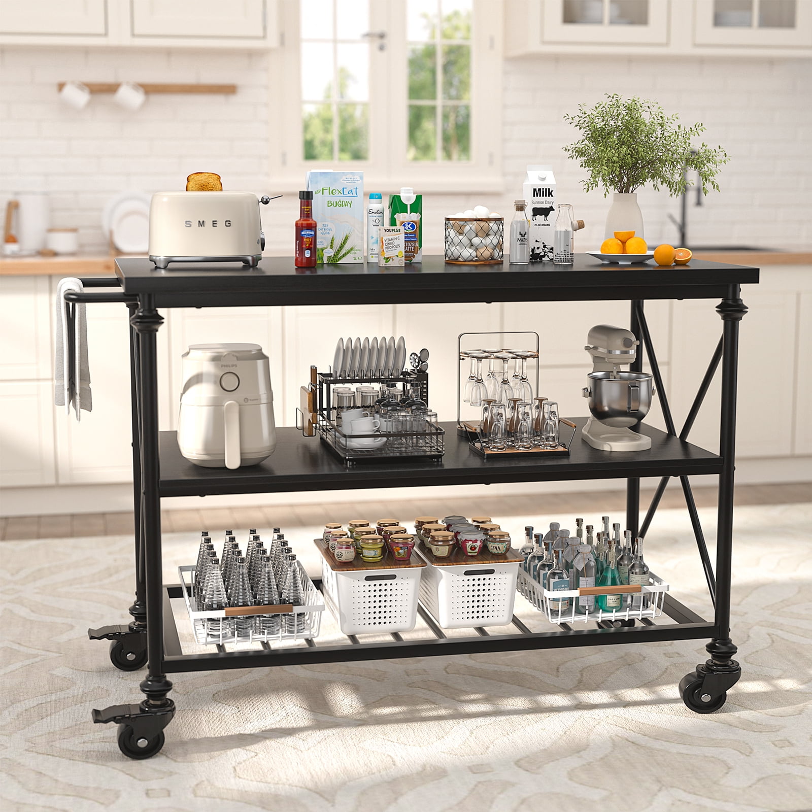 Homieasy Industrial Mobile Kitchen Island Cart with Wheels: 3-Tier Storage, Lockable Casters for Kitchen, Dining & Small Spaces,Black