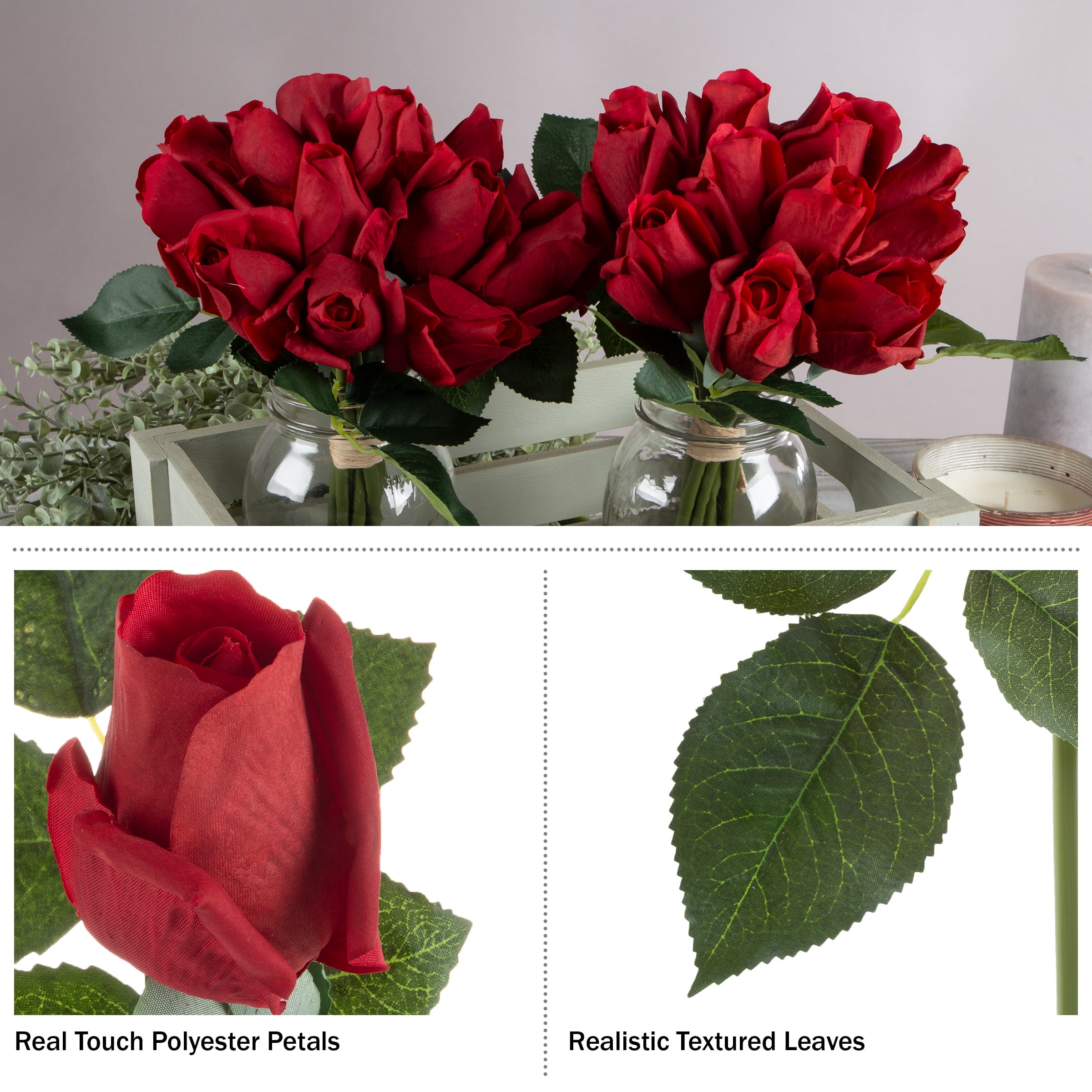 Villacera Artificial Rose Bud Bouquet – 24-Piece Faux Flowers (Red 