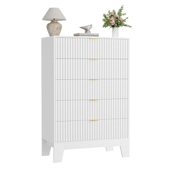 5 Drawer White Wave-Textured Dresser, MDF Vertical Storage Cabinet