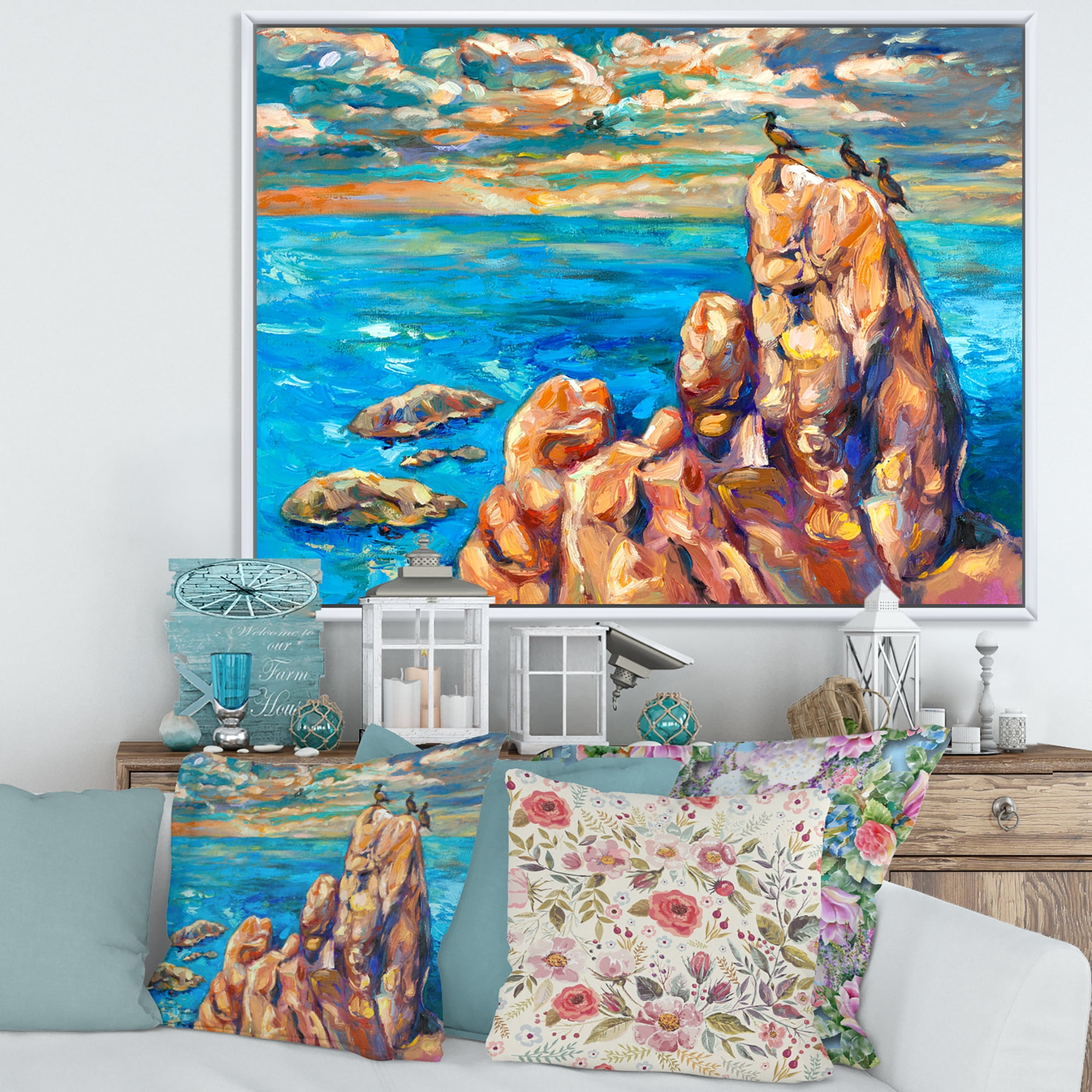 Designart 'The Blue Ocean By Rocky Cliffs I' Nautical & Coastal Framed Canvas Wall Art Print