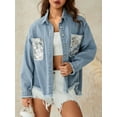 thumbnail image 2 of Genuiskids Women Denim Jacket Casual Vintage Frayed Hem Button Up Jean Shirt Festival Jacket Coat with Sequin Pockets Spring Fall Outerwear, 2 of 9