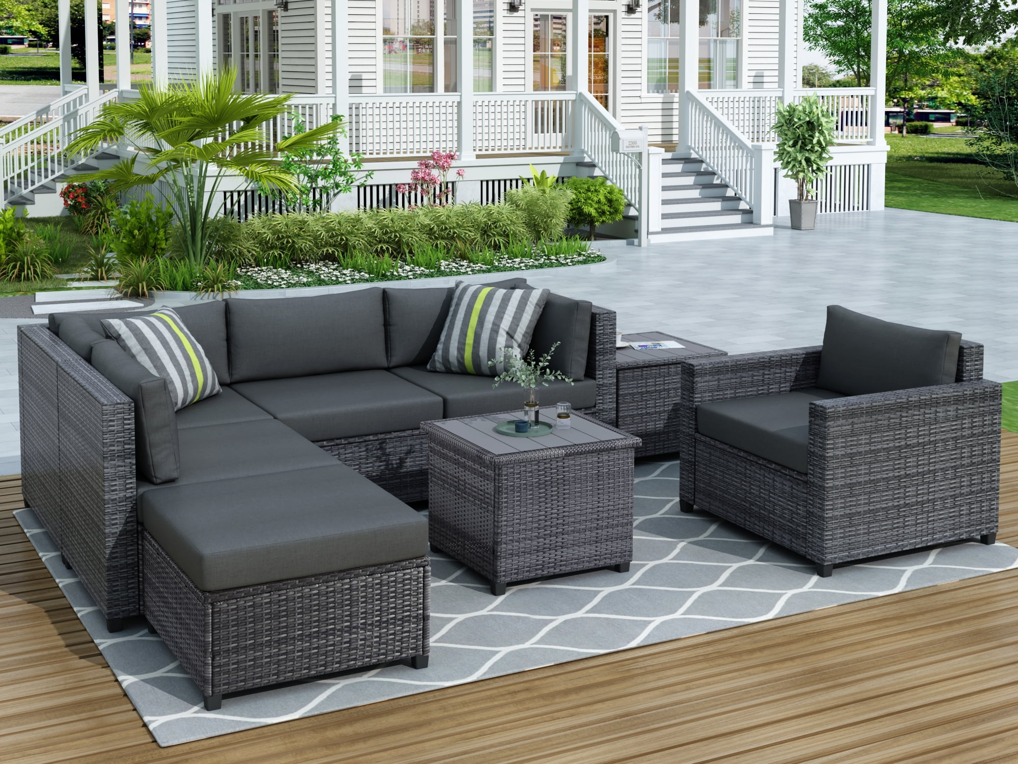 Rattan Wicker Patio Furniture, 8 Piece Patio Furniture Sofa Sets with 5