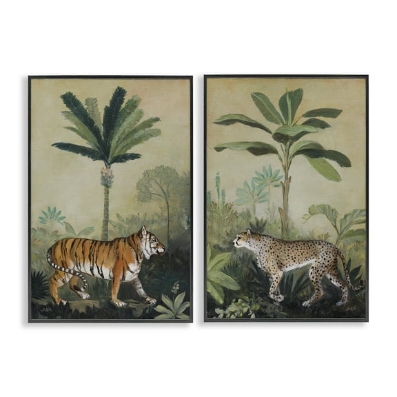 Stupell Industries Tiger Cheetah Jungle Forest Animals Painting Black Framed Art Print Wall Art, 12 x 18, Set of 2