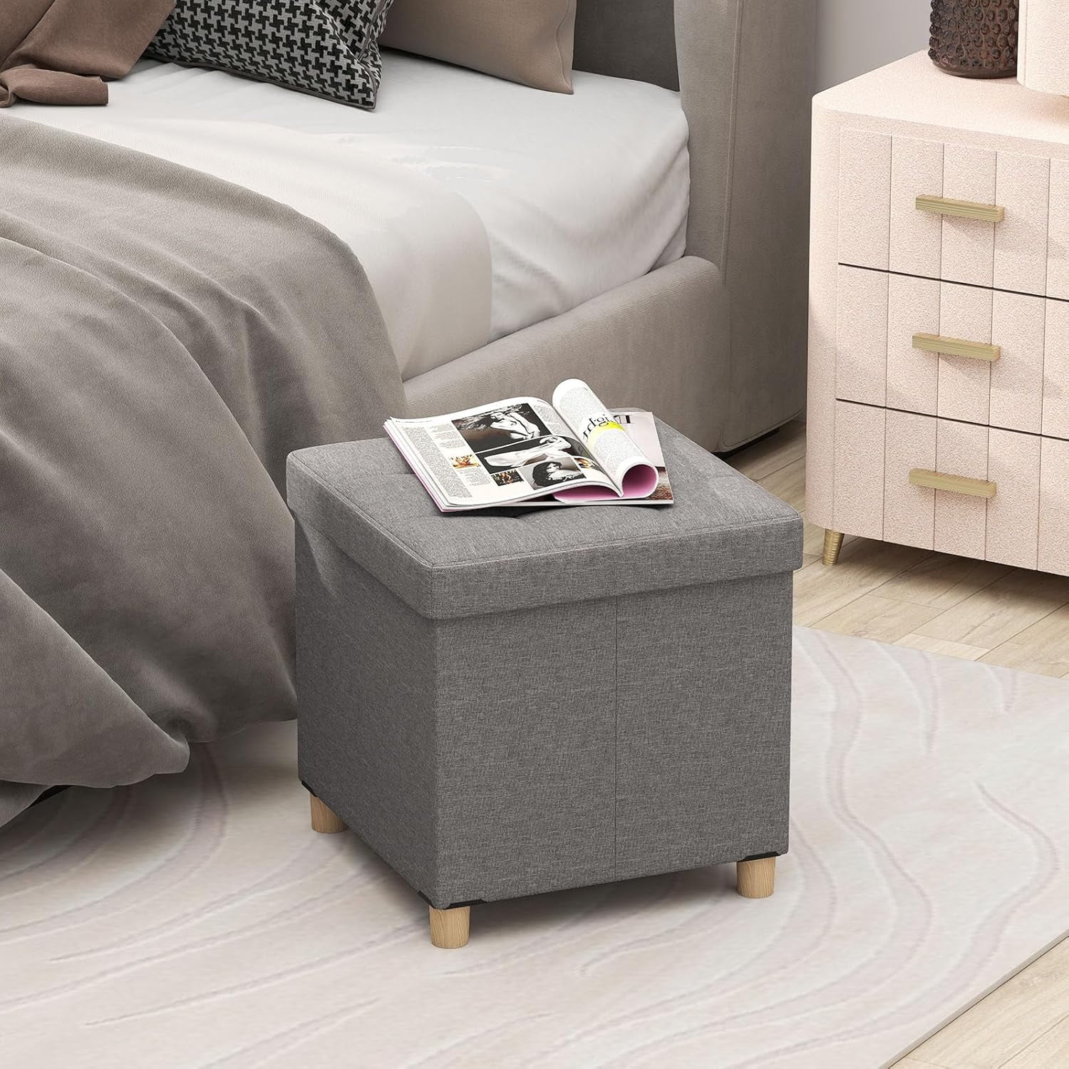 WBTER 18 Inches Storage Ottoman, Linen Fabric Cube Footstool with Rubber Wood Legs, Side Table with Flip Top Tray, Square Foot Rest Stool, Shoe Changing Stool for Living Room, Bedroom, Entryway