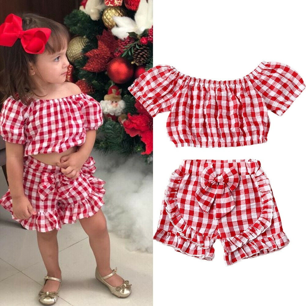 Red Plaid Pants 2PCS Sets Toddler Kids Baby Girls Outfits Clothes T-shirt Tops 