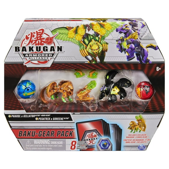 Bakugan Baku-Gear 4-Pack, Fused Pharol x Gillator Ultra with Baku-Gear and Pegatrix x Goreene Ultra Collectible Action Figures
