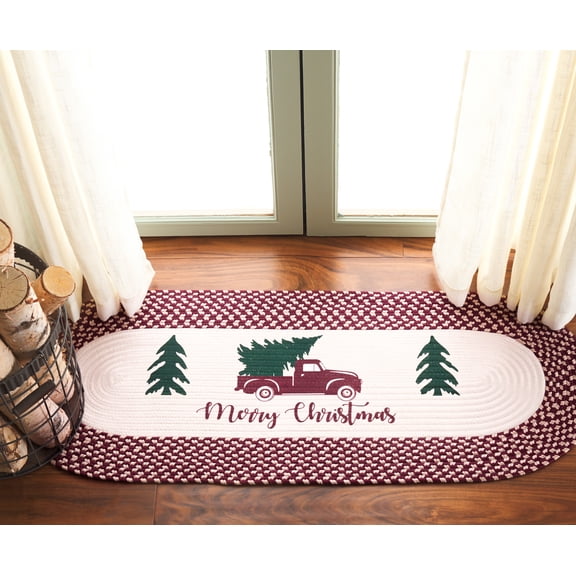 Safavieh Braided Posters Merry Christmas Pine Tree Runner Rug, Ivory/Burgundy Red, 1'8" x 4' Oval
