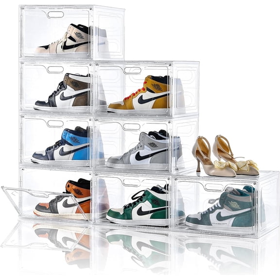8 Pack Shoe Boxes Black Plastic Stackable, Large Shoe Storage Organizer,Drop Side Front Shoe Containers for Entryway,Sneaker Storage Fit up to US Size 13 for Men/Women(13’’x 10.6”x 8.3”)