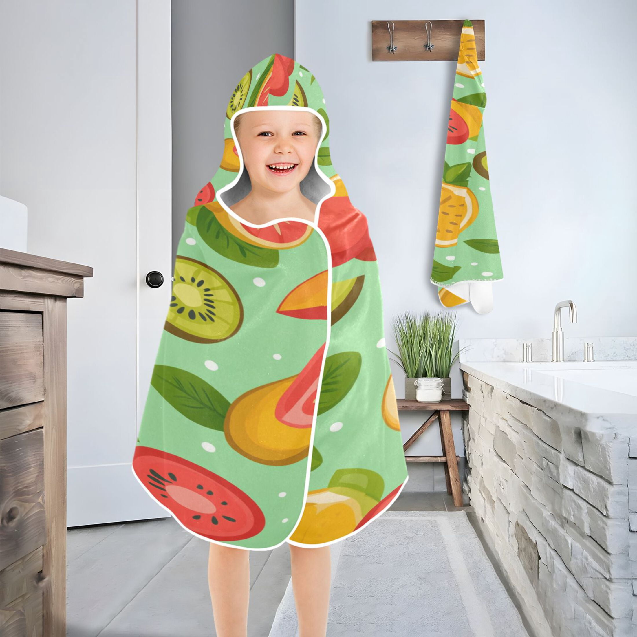 Fruity Pattern 50x23.5" Baby Hooded Bath Towel Poncho, Quick-Dry and Triangle Pocket, Kids' Essential