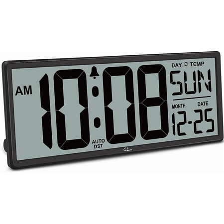 14.5'' Large Digital Wall Clock Battery Operated with Jumbo Numbers, Temperature and Date - Easy to Read and Set, Auto DST