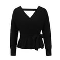thumbnail image 3 of Txlixc Prendas de Punto de Estilo Suelto para Mujer, Jersey de Dobladillo con Volantes de Manga Larga con Cuello en V Profundo de Color Sólido Txlixc Moda, 3 of 7