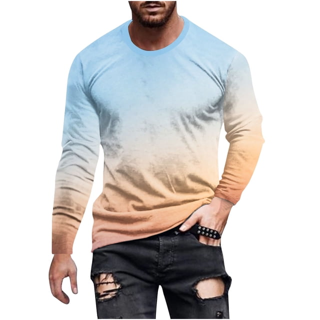 VALMASS Long Sleeve Shirts for Men Plus Size Gradient Round Neck Lightweight Tops Casual Soft Pullover Blouses (S, B Light Blue)