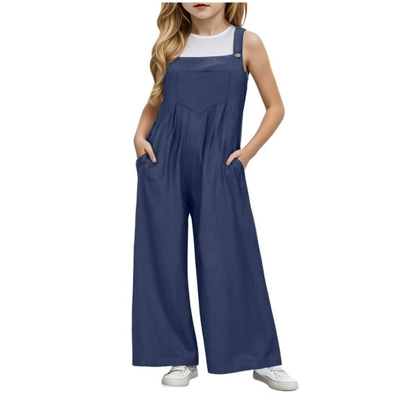 HUCOAE Kids Overalls Girls Girls' Overalls Girls Overalls Kids Casual Sleeveless Wide Leg Jumpsuit Loose Rompers With Pockets 9-10 Years Navy