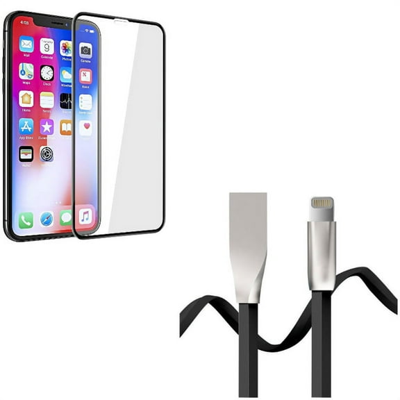 USB Cable w Screen Protector for iPhone XR - 6ft Flat Charger Cord Power, Tempered Glass 5D Touch Curved Edge Full Cover