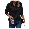 thumbnail image 2 of Womens Long Sleeve Quarter Zip Pullover Sweater Casual Loose V Neck Collared Ribbed Knit Jumper Tops Black XL, 2 of 9
