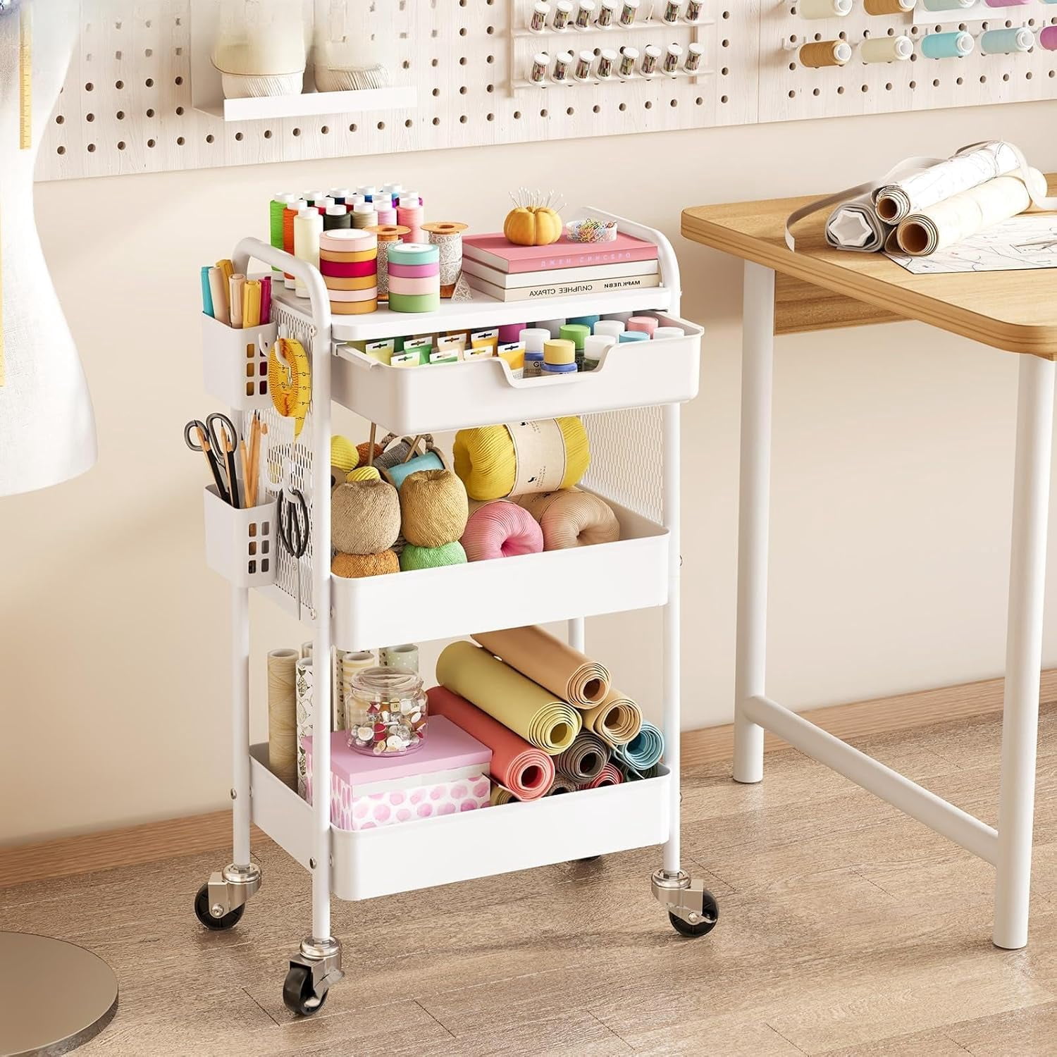 3 Tier Metal Rolling Utility Cart with Drawer & Pegboard - Multifunctional Storage Cart on Wheels with Tabletop, Hooks & Basket, Sturdy Craft & Art Cart for Bathroom, Bedroom, Children Room