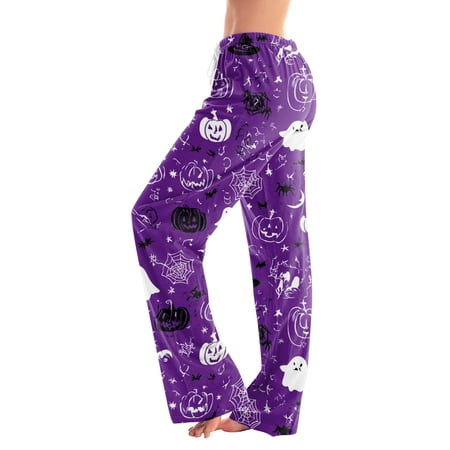 Women s Halloween Pajama Pants Skeleton Candy Elastic High Waist Spooky Pajama Pants Pumpkin Witch Hat Drawstring Funny Sleep Pants XL