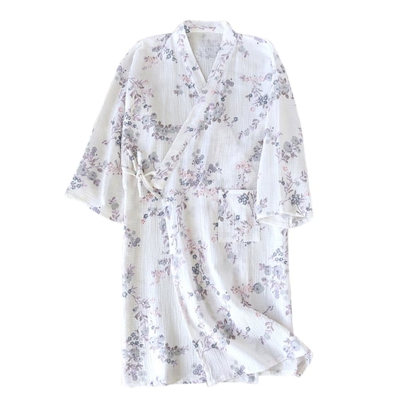 Women's Lightweight Cotton Robe Casual 3/4 Sleeve Floral Kimono Robes Side Tie Loose Soft Lounge Sleepwear Purple L