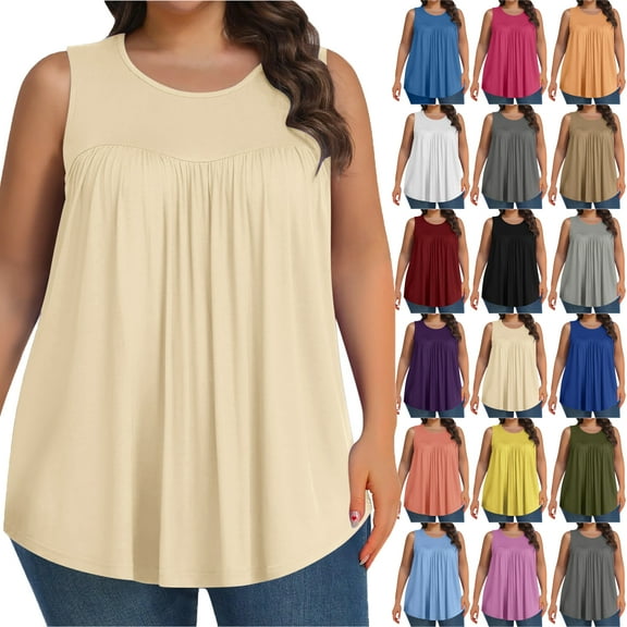 Plus Size Tank Tops for Women Solid Color Sleeveless Crew Neck Plication T Shirts Summer Tops Casual Tees Loose Fit Shirts Solid color Wrinkle Blouse