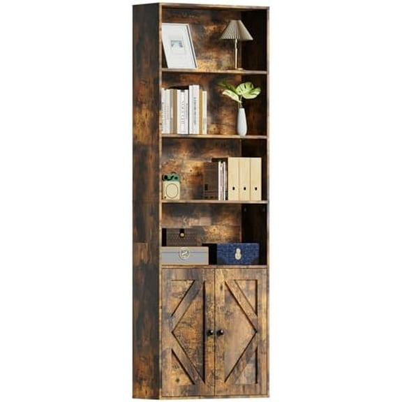 Tall Wooden Bookshelf with Cabinet and Doors – Vintage Brown Bookcase for Bedroom, Living Room, or Home Office Storage – 6 Shelves for Heavy Books & Organization