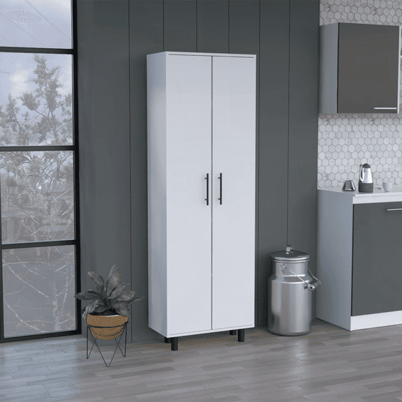 71”H White Multi-Storage Cabinet with 5 Shelves & 2 Doors – Slim Design for Home Organization
