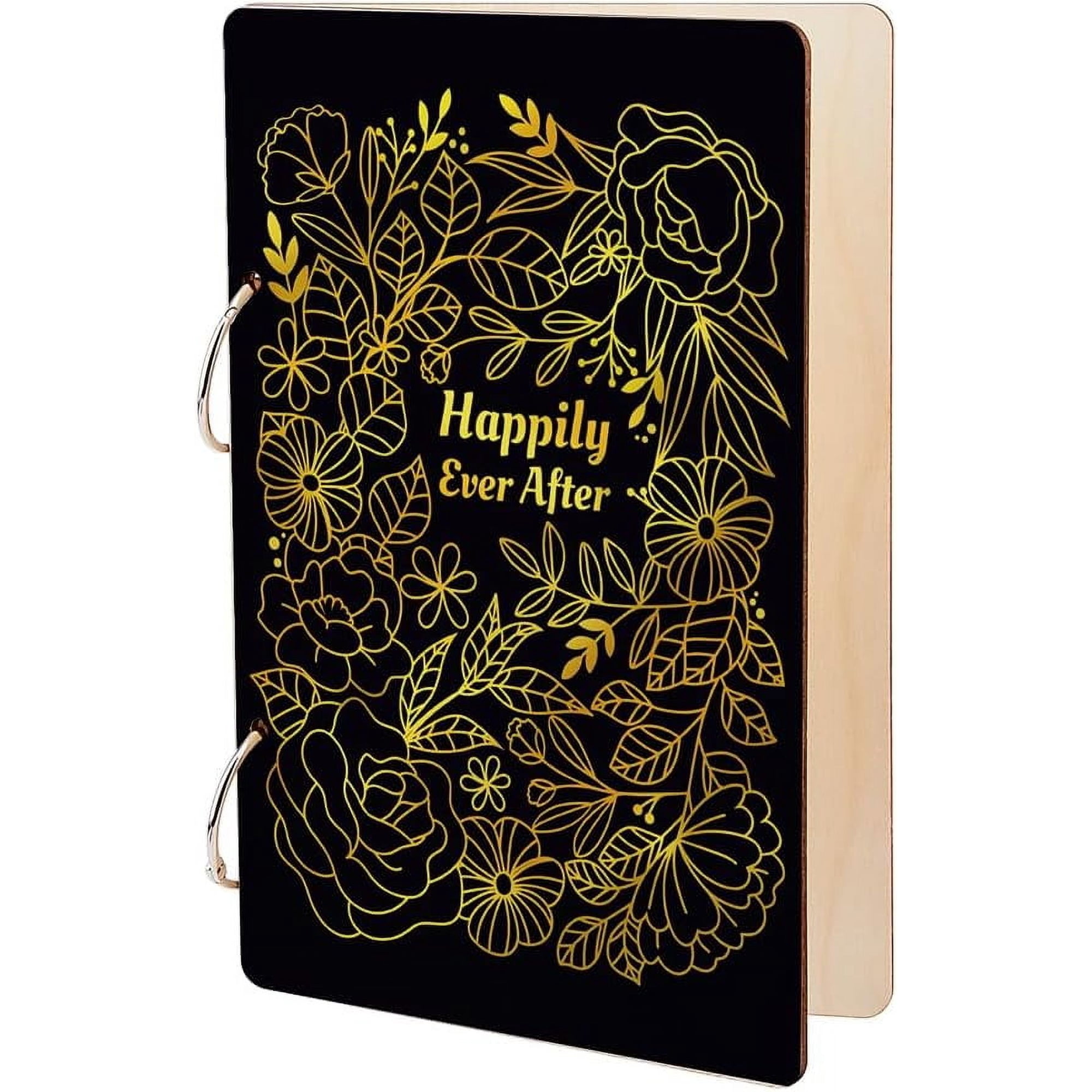 Happily Ever After Greeting Card Holder Organizer Line Flowers Wooden Card Keeper Binder Planning Book Birthday Cards Keeper Photo Album 2-Rings Cover Wedding Holiday Journal Keepsake Gifts 1set