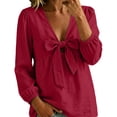thumbnail image 3 of Womens Bow Tie Cotton Linen Babydoll Tops Fall Long Sleeve Lightweight Casual Trendy French Style Blouse Red L, 3 of 6