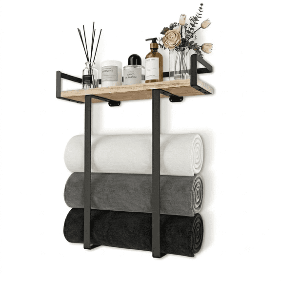 Towel Racks for Bathroom Wall Mounted,Metal Towel Holder with Wooden Shelf for Folding Large Towels, Towel Storage for Small Bathroom Organizer Decor or RV Camping