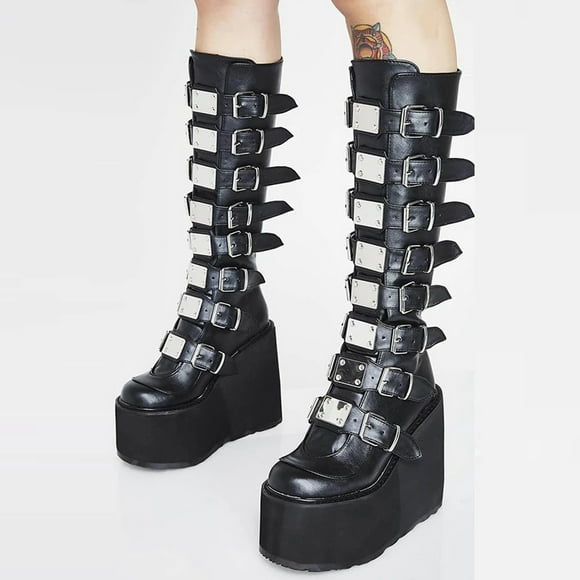 Babysbule Boots for Women Winter Womenâs Fashion Metal Buckle Platform High Platform Leather