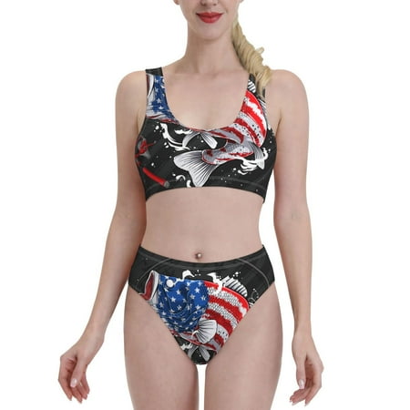 Bixox Largemouth Bass Fish in USA Pattern Two-Piece Sports Bikini with U-Shaped Top and High-Waist Bottom - Women s Swimwear with Removable Bra Pads