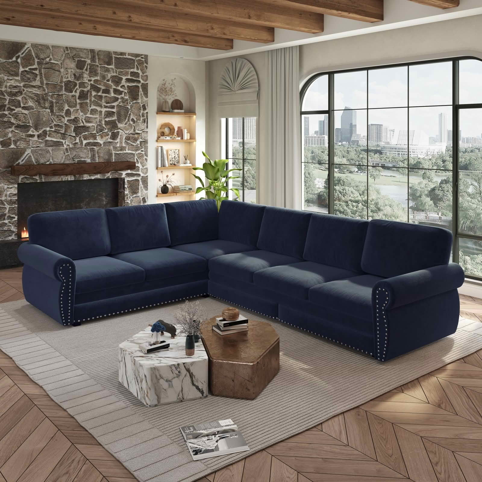 MAYEERTY 118" L‑Shaped Convertible Pull‑Out Sofa Bed, Chenille Sectional Couch with Nailhead Trim & Rolled Arms, Oversized Multifunctional Sleeper Sofa