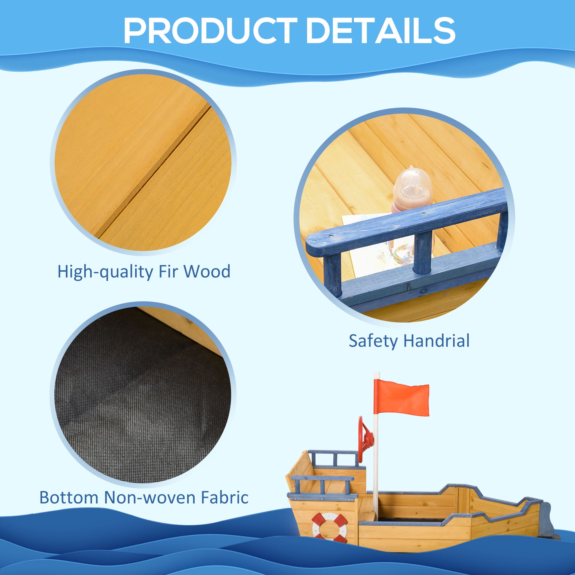 Wooden Kids Pirate Sandbox, Outdoor Sandboat with Bench Seats & Storage, Non-Woven Fabric Liner for Backyard & Lawn