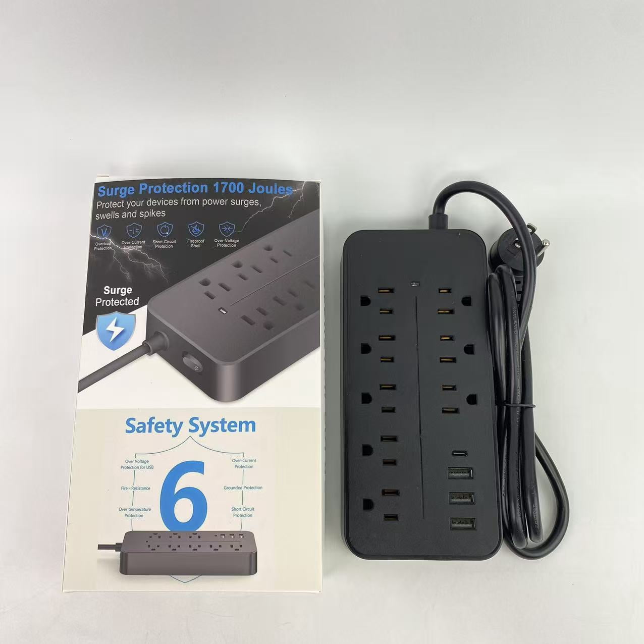 AcroQuick Extension cords, Black Surge Protector with Outlets - Spacious Design for Large Plugs, Flat Plug, 20W USB C Charging for Home, Office