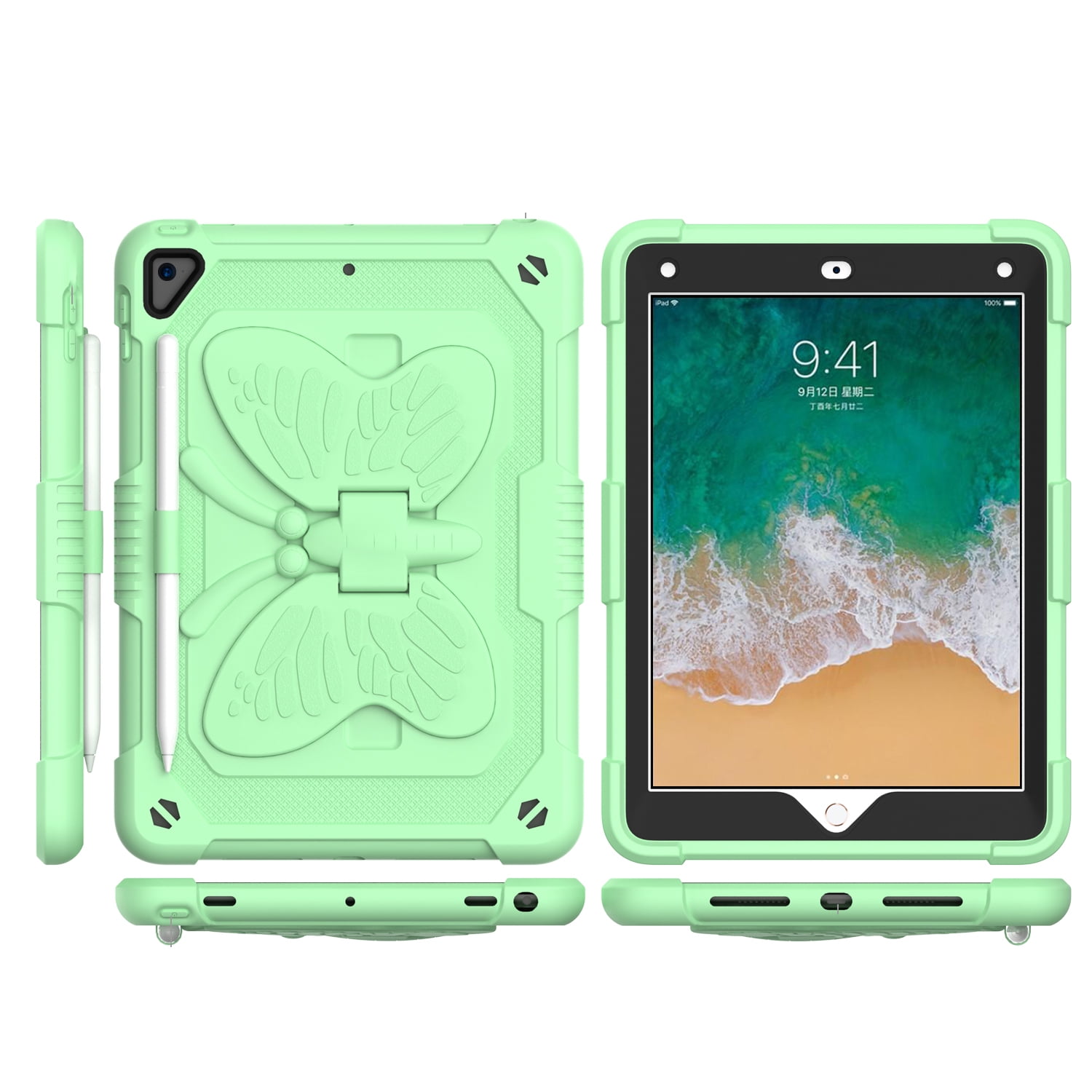Case For Apple iPad iPad 8 / 7 (10.2 inch) Butterfly Wings Kickstand Tough Hybrid with Pencil Holder Heavy Duty Rugged Shockproof Tablet Cover [ Green ]