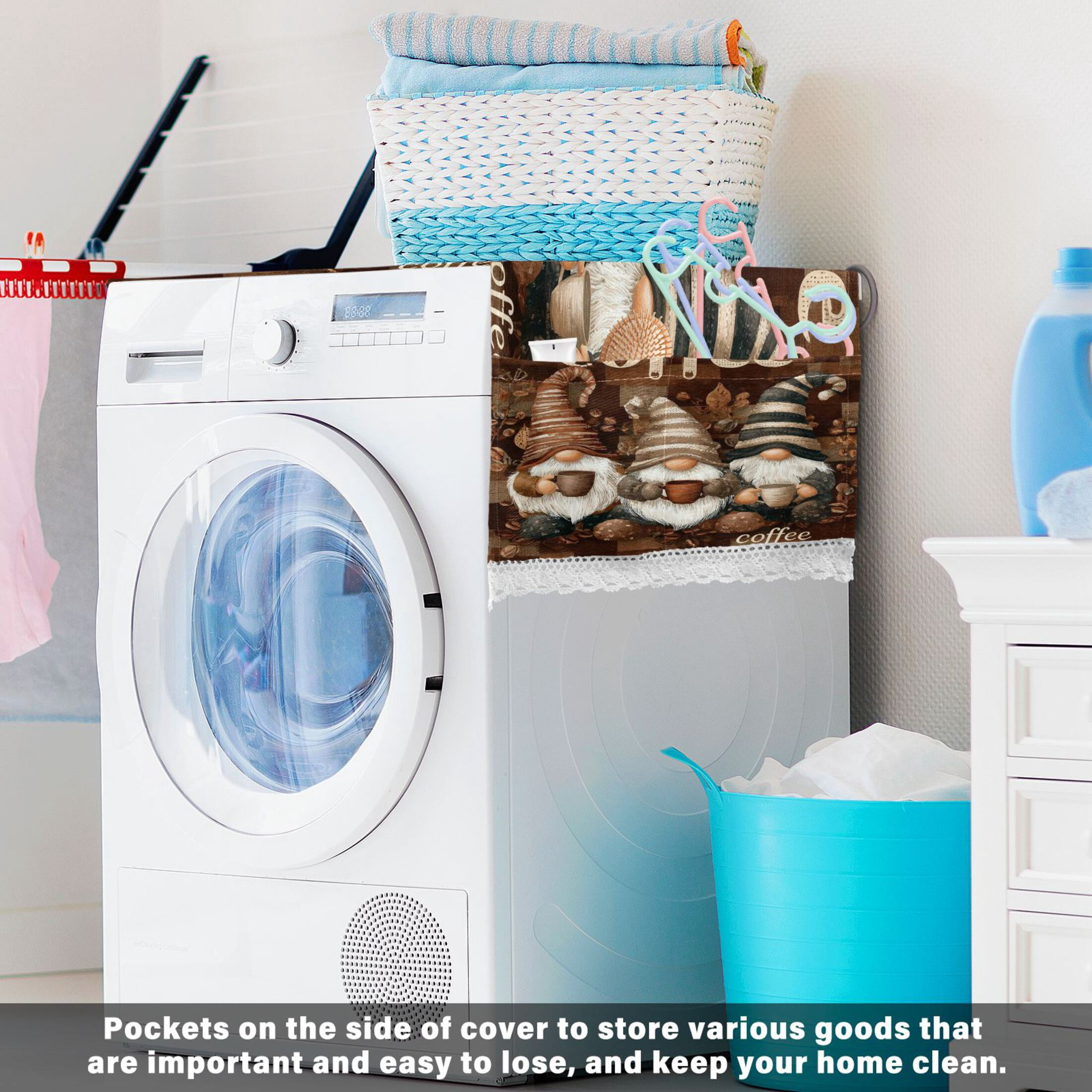 Wobogo Coffee Gnomes Washing Machine Cover Dustproof Washer Dryer Cover Waterproof Laundry Room Decorative Protector