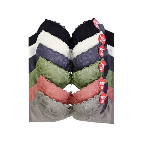 LAVRA Women's 6 Pack of Full Cup Push Up Bras Floral Lace Plain Design