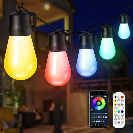 

WHATOOK Outdoor String Lights 48ft Smart RGBIC LED Color Changing Patio Lights 15 Dimmable Shatterproof Bulbs IP65 Waterproof Music Sync Bluetooth APP & Remote Control Hanging Lights for Party
