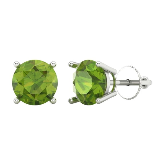 3 ct Screw-Back Stud Earrings for Women | 7.5mm Round Cut Natural Peridot | 18K White Gold