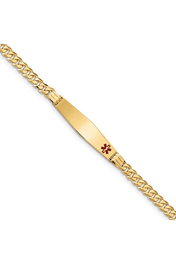 14K Medical Soft Diamond Shape Red Enamel Curb Link ID Bracecet in 14k Yellow Gold